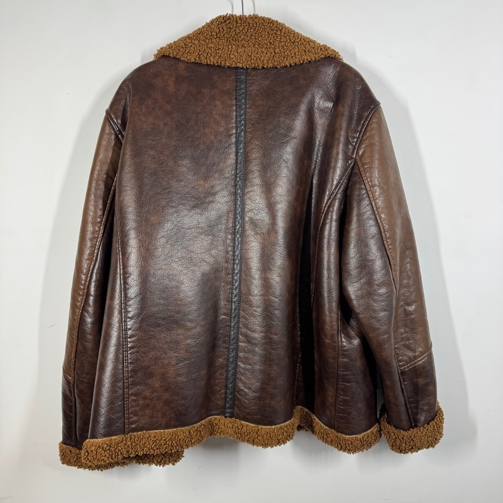 Zara Brown Faux Leather Shearling Jacket Size XL Aviator Biker Cozy Core - Picture 10 of 14